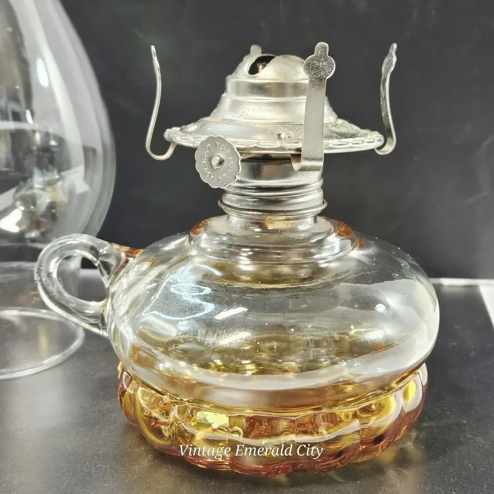 Vtg Miniature Amber Adjustable Wick Glass Oil Lamp China Hong Kong With Chimney